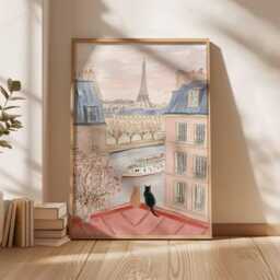 Paris Cat Poster Print, Eiffel Tower Wall Art, Romantic French Balcony View, Seine River & Cats Illustration, Parisian Decor, France Gift - thumbnail 3