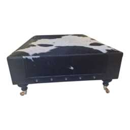 Black & White Cow Hide Large Footstool With Leather Trim - thumbnail 3