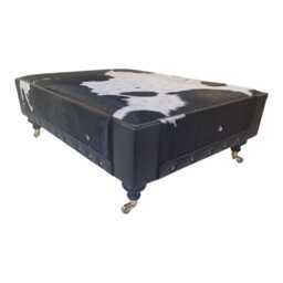 Black & White Cow Hide Large Footstool With Leather Trim