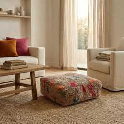 Handmade Moroccan Wool Pouf, Multicoloured Floor Ottoman Cover, Authentic Vintage Berber Cushion, Tribal Home Decor 60x60x20 cm
