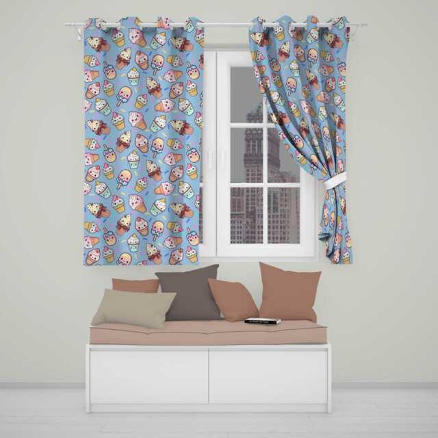 Kawaii Ice Cream Cone Popsicle Sweet Dessert Seamless Pattern Blue Readymade Eyelet Ring Top Thermal 100% Blackout Curtains - image 1