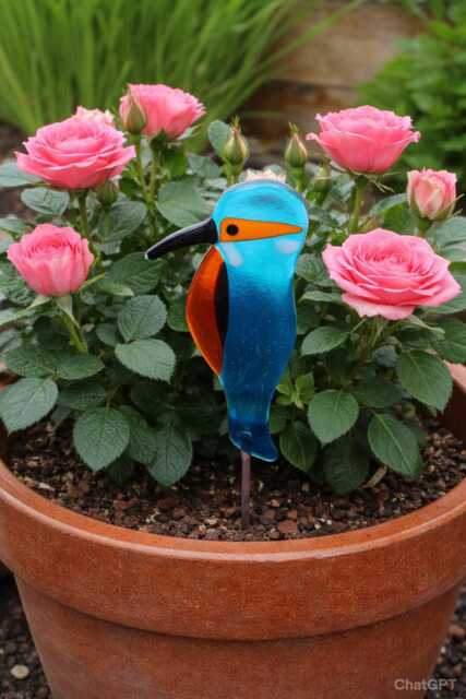 Fused Glass Kingfisher Garden Art - Handmade Copper Plant Pot Decoration/Weatherproof - image 1