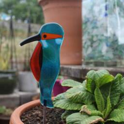 Fused Glass Kingfisher Garden Art - Handmade Copper Plant Pot Decoration/Weatherproof - thumbnail 3
