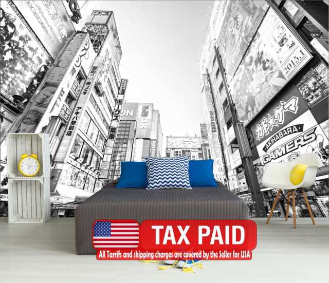 Tokyo City Street Wallpaper Mural, Anime Room Decor, Black & White, Peel Stick - image 1