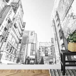 Tokyo City Street Wallpaper Mural, Anime Room Decor, Black & White, Peel Stick - thumbnail 3