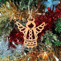 Wooden Angel Christmas Tree Decoration - Beautiful Xmas Ornament Available in Oak, Walnut Cherry Wood -Or- Silver, Gold, Red, Green Glitter - thumbnail 2