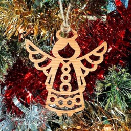 Wooden Angel Christmas Tree Decoration - Beautiful Xmas Ornament Available in Oak, Walnut Cherry Wood -Or- Silver, Gold, Red, Green Glitter