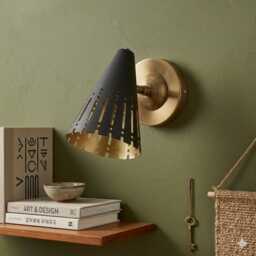 Perforated Brass Wall Sconce - Black Cone Mid Century Lamp Minimalist Modern Lighting - thumbnail 2