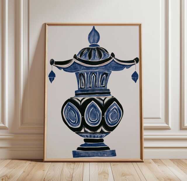 Blue Stone Lantern Poster, Oriental Ceramic Wall Art, Paper Print - image 1
