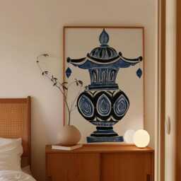 Blue Stone Lantern Poster, Oriental Ceramic Wall Art, Paper Print - thumbnail 2