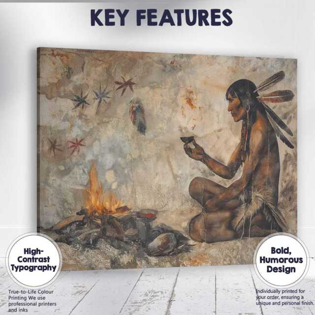 Native American Shaman Campfire Ritual Ancient Tribal Scene Canvas Wall Art Print Decor Picture Ready To Hang - image 1