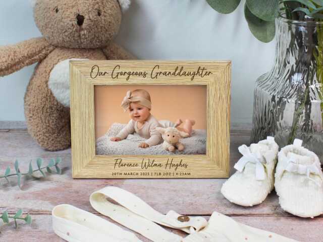 "Granddaughter Photo Frame, Gift For Grandparents, New Gift, Baby Personalised Name Wooden Picture 4""x6" - image 1