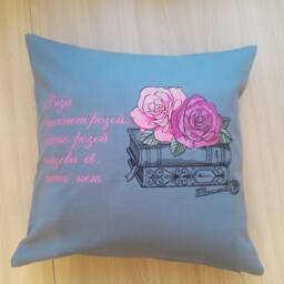 "Gray Decorative Pillowcase With Embroidery ""Books & Roses" - thumbnail 2