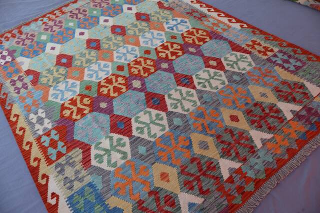 7x10 Afghan Kilim Rug Large Handmade Rug, Veg Dyes Wool Flatweave Rug, Oriental Bedroom Turquoise Blue Green Purple Red Beige Gray - image 1