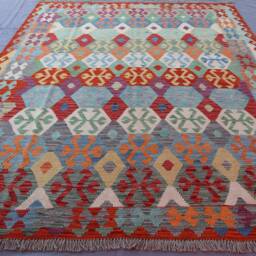 7x10 Afghan Kilim Rug Large Handmade Rug, Veg Dyes Wool Flatweave Rug, Oriental Bedroom Turquoise Blue Green Purple Red Beige Gray - thumbnail 2