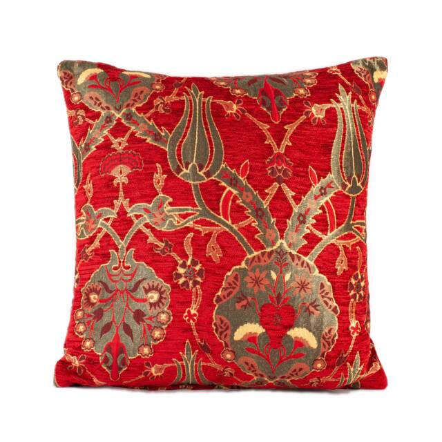 Red Tulip Pillow Cover Chenille Turkish Kilim Cushion - 16x16 In - image 1