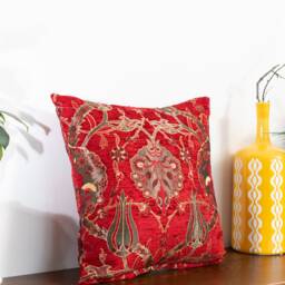 Red Tulip Pillow Cover Chenille Turkish Kilim Cushion - 16x16 In - thumbnail 4