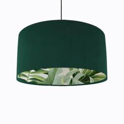 Green Velvet Drum Lampshade With Lush Leaves Lining, Large Bottle Tropical Lightshade