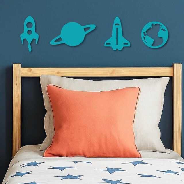 Wooden Space Wall Decor - Nursery Art Planets Children Decor- Stars Astronaut Decal - image 1