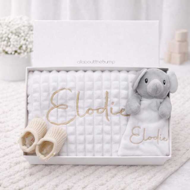 Personalised Embroidered Blanket, Comforter & Booties Gift Set - White Unisex Baby Hamper Name Keepsake - image 1