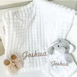 Personalised Embroidered Blanket, Comforter & Booties Gift Set - White Unisex Baby Hamper Name Keepsake - thumbnail 2