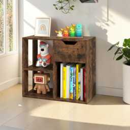 Rustic Brown Wooden Bookcase 3 Cube Storage Shelf With Drawer For Bedroom & Living Room - thumbnail 2