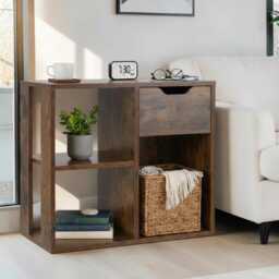 Rustic Brown Wooden Bookcase 3 Cube Storage Shelf With Drawer For Bedroom & Living Room - thumbnail 1