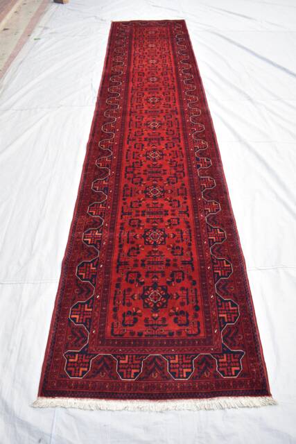 Bukhara Tribal Afghan Wool Runner Rug Long Red Hallway Rug - 12.9x2.8 Ft - image 1