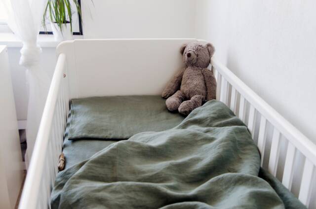 Organic Sage Green Linen Crib Bedding Set Or Just Fitted Sheet, Duvet Cover, Pillowcase - For Babies, Toddlers, Kids in Handmade - image 1