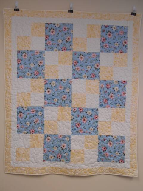 "Four Patch Rose Throw Quilt Handmade Blue & Yellow Lap Quilt - 49"" X 59" - image 1