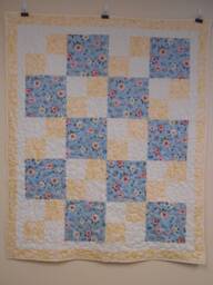 "Four Patch Rose Throw Quilt Handmade Blue & Yellow Lap Quilt - 49"" X 59"