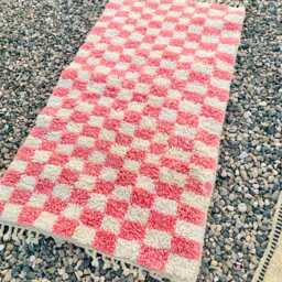 Pink Checkered Rug, Moroccan Beni Ourain Tribal Checker Carpet, Large Area Rug - thumbnail 3