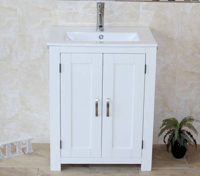 Bathroom Vanity Unit Solid Oak Top Painted Wood Base - Ceramic Inset Basin 310Pinset - image 1