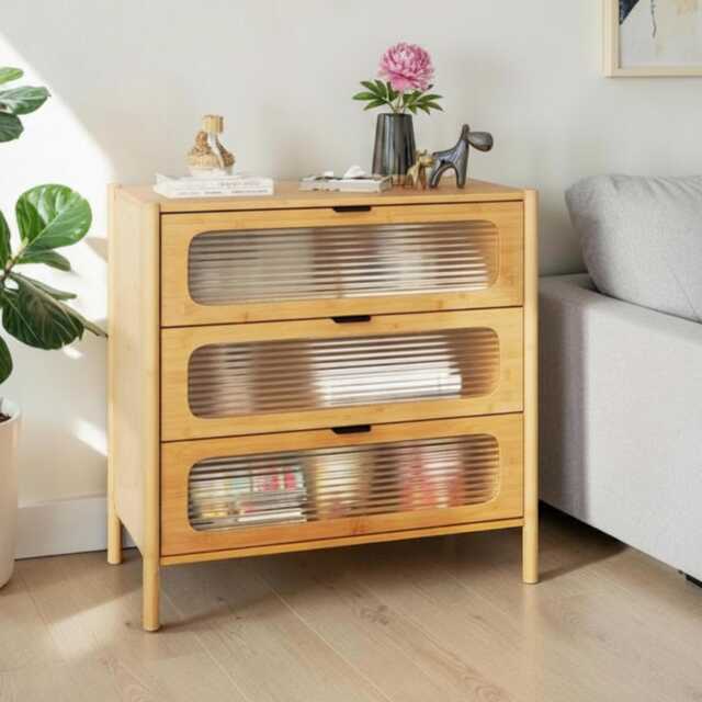 Mid-Century Modern Bamboo Dresser 3-Drawer Reeded Glass Storage Cabinet - image 1