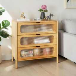 Mid-Century Modern Bamboo Dresser 3-Drawer Reeded Glass Storage Cabinet - thumbnail 1