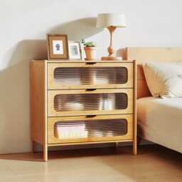 Mid-Century Modern Bamboo Dresser 3-Drawer Reeded Glass Storage Cabinet - thumbnail 2