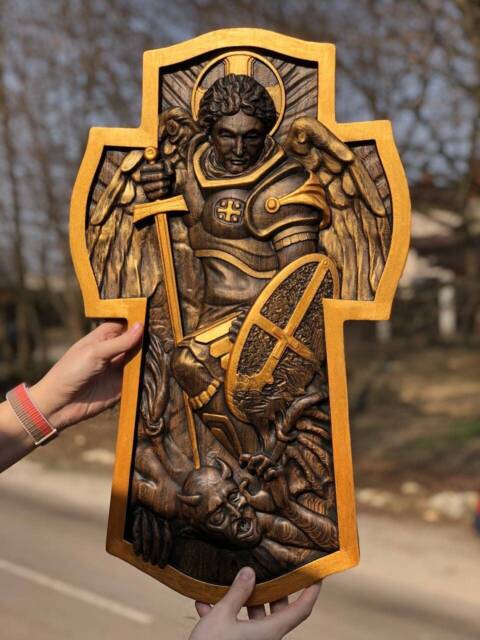 Personalized Archangel Michael Wood Carving Religious Icon, Christian Gift, 8 Colors, Xs-Xxl, Tax Free - image 1