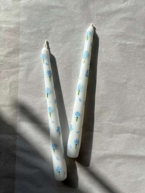 Blue Clover Hand Painted Tapered Candles, Spring Decor, Dinner Candles, Wedding Taper Floral Design - image 1