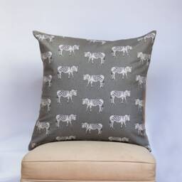 Zebra Motif Grey Extra-Large Cushion. Contemporary Exotic Inspired Design Of Black & White Zebras. 23X23 - thumbnail 1