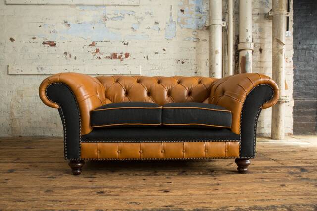 2 Seater Vintage Tan Leather Chesterfield Sofa, Charcoal Herringbone Wool, British Handmade - image 1