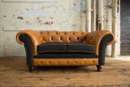 2 Seater Vintage Tan Leather Chesterfield Sofa, Charcoal Herringbone Wool, British Handmade - thumbnail 1
