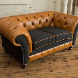 2 Seater Vintage Tan Leather Chesterfield Sofa, Charcoal Herringbone Wool, British Handmade - thumbnail 3