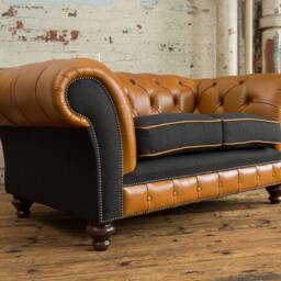 2 Seater Vintage Tan Leather Chesterfield Sofa, Charcoal Herringbone Wool, British Handmade - thumbnail 2