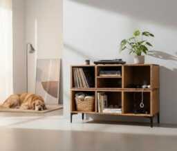 Rustic Tv Stand With Shelves - Vinyl Record Storage Media Console Unit Lp Display Cabinet Amp Shelf Loft Style Japandi Furniture