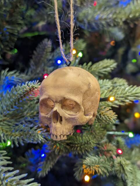 Christmas Tree Ornament - Human Skull Replica Painted Miniature, 2 Inches Tall, Halloween, Gothic Decor, Winter Decor - image 1
