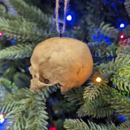 Christmas Tree Ornament - Human Skull Replica Painted Miniature, 2 Inches Tall, Halloween, Gothic Decor, Winter Decor - thumbnail 3