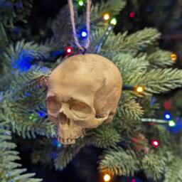 Christmas Tree Ornament - Human Skull Replica Painted Miniature, 2 Inches Tall, Halloween, Gothic Decor, Winter Decor - thumbnail 4