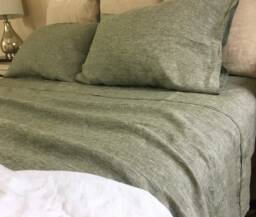 Chambray Olive Green Linen Bed Sheets, Available in Queen, King, Twin, Full, Custom Size Welcome