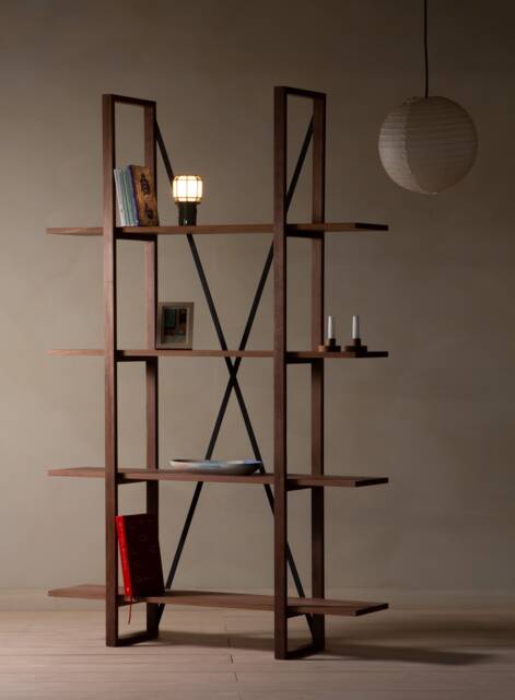 Konk ??? Overhang Shelving [Wooden] [Walnut] Bespoke Sizes Available Modern Walnut & Steel Bookcase, Tall Bookshelf - image 1