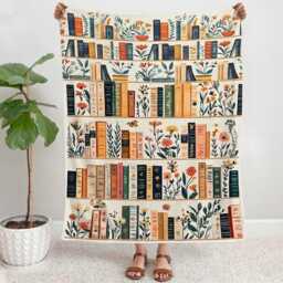 Vintage Library Blanket, Boho Wildflowers Bookish Quilt, Cottagecore Flower Book Gift, Retro Lover Quilt - thumbnail 2